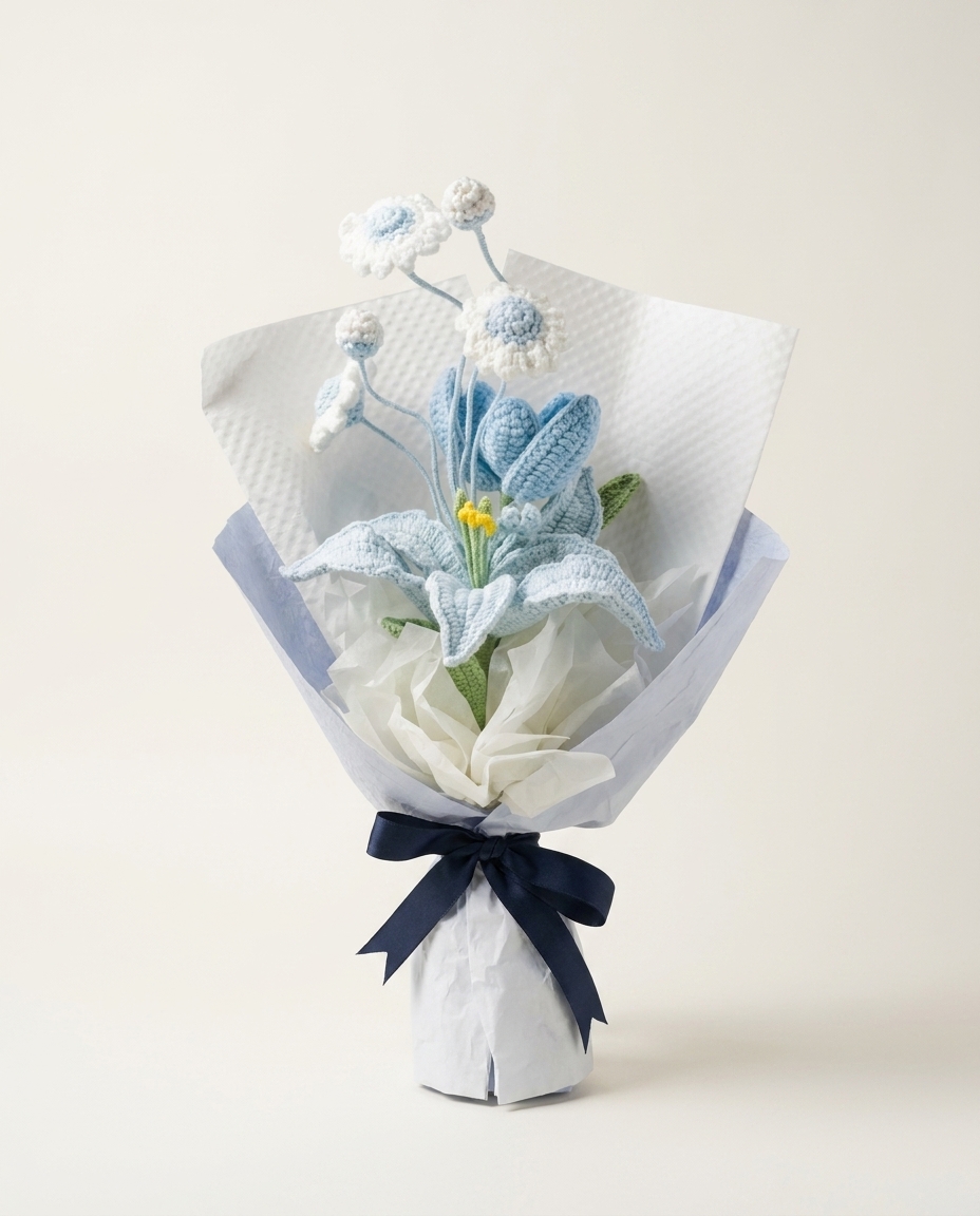 Blue handmade crochet lily bouquet on a warm ivory background