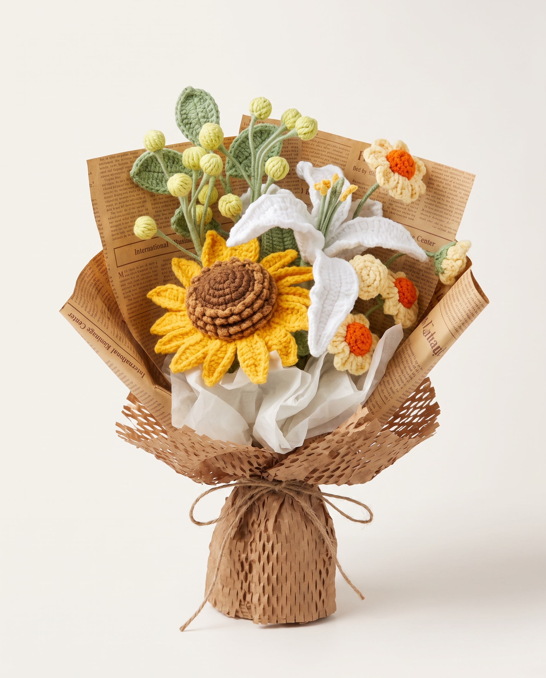 Handmade crochet sunflower and white lily bouquet, front view