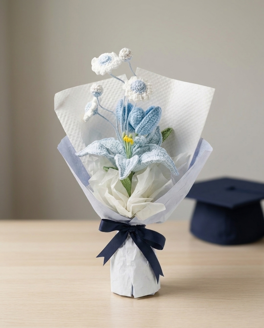 Blue handmade crochet bouquet styled for a graduation gift