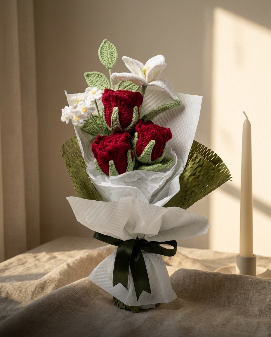Deep red crochet rose bouquet for an anniversary gift