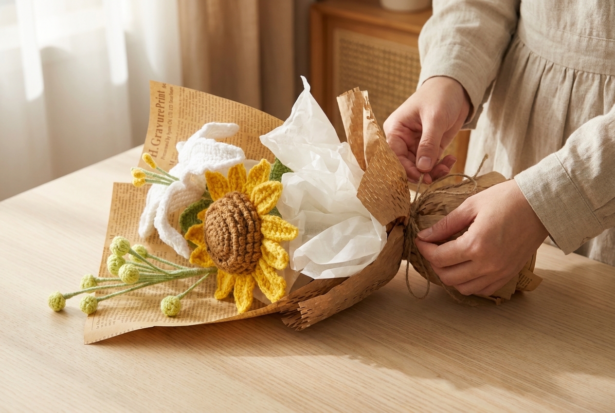 Hands carefully finishing a handmade crochet sunflower bouquet