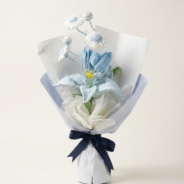 Handmade blue crochet lily bouquet, front view
