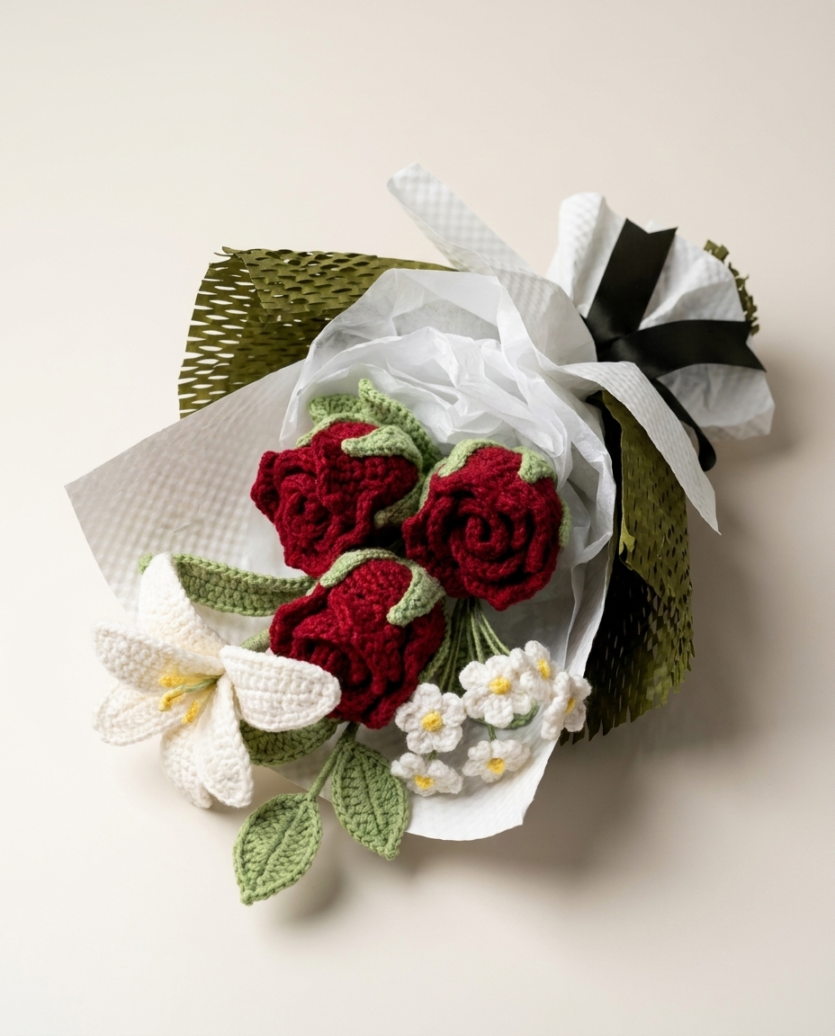 Handmade deep red crochet rose and white lily bouquet, viewed from the front at 45 degrees