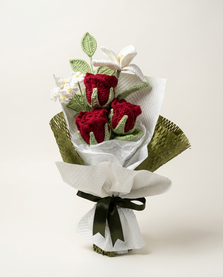 Handmade deep red crochet rose and white lily bouquet, front view