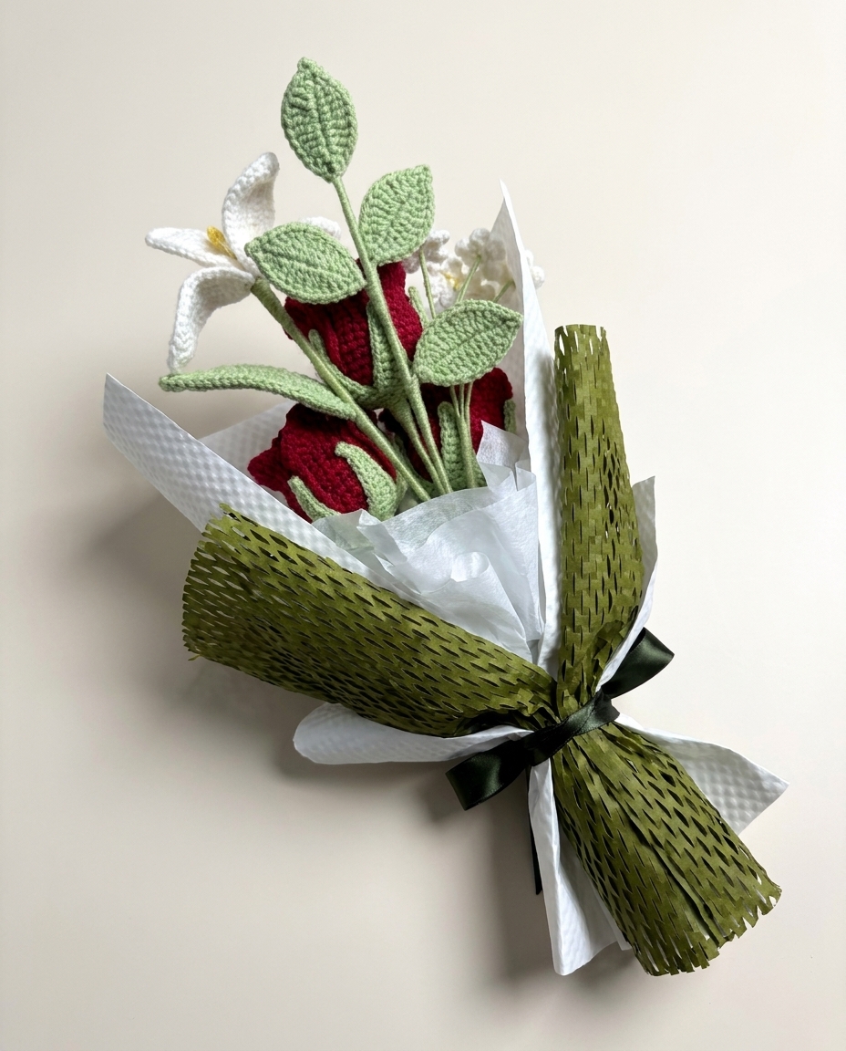 Rear view of handmade deep red crochet rose and white lily bouquet with gift wrapping