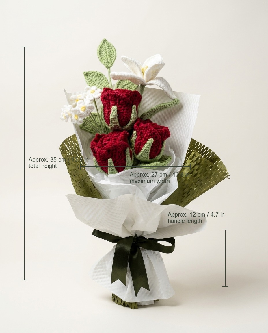 Approximate size guide for handmade deep red crochet rose and white lily bouquet in centimeters and inches