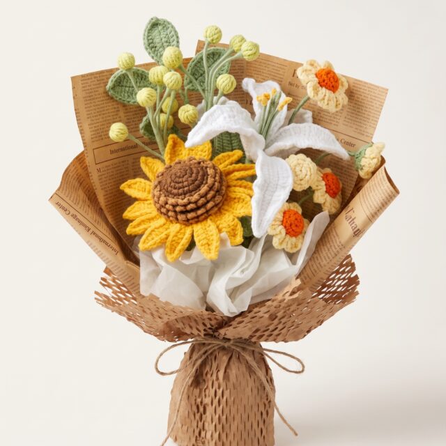 Handmade crochet sunflower and white lily bouquet, front view