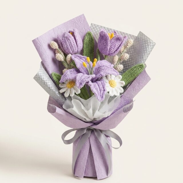 Handmade lavender crochet lily and tulip bouquet, front view
