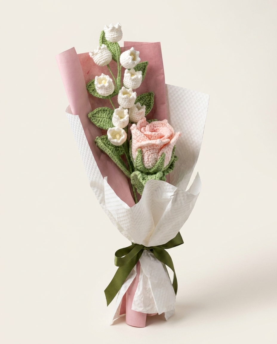 Handmade pink crochet tulip and lily bouquet, viewed from the front at 45 degrees