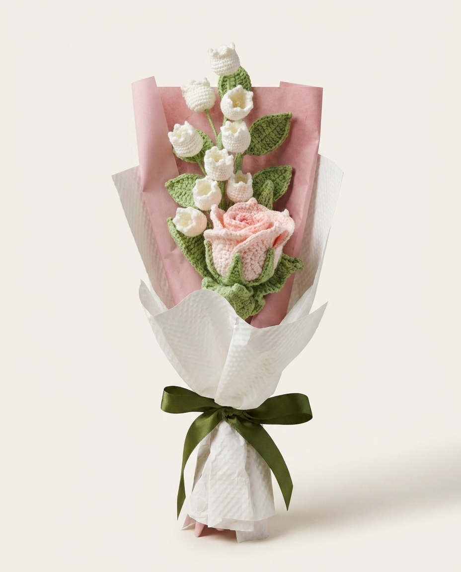 Handmade pink crochet tulip and lily bouquet, front view