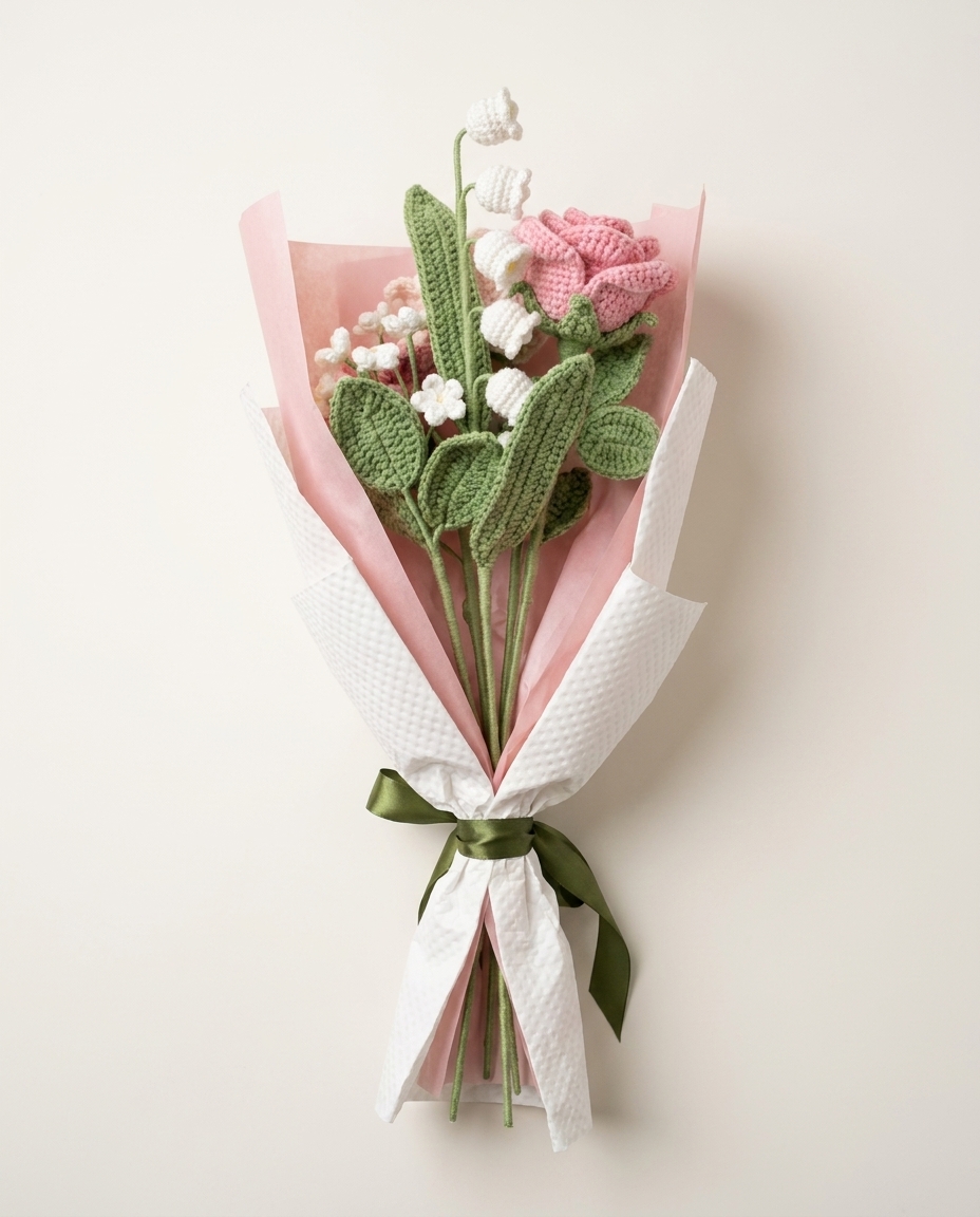 Rear view of handmade pink crochet tulip and lily bouquet with gift wrapping