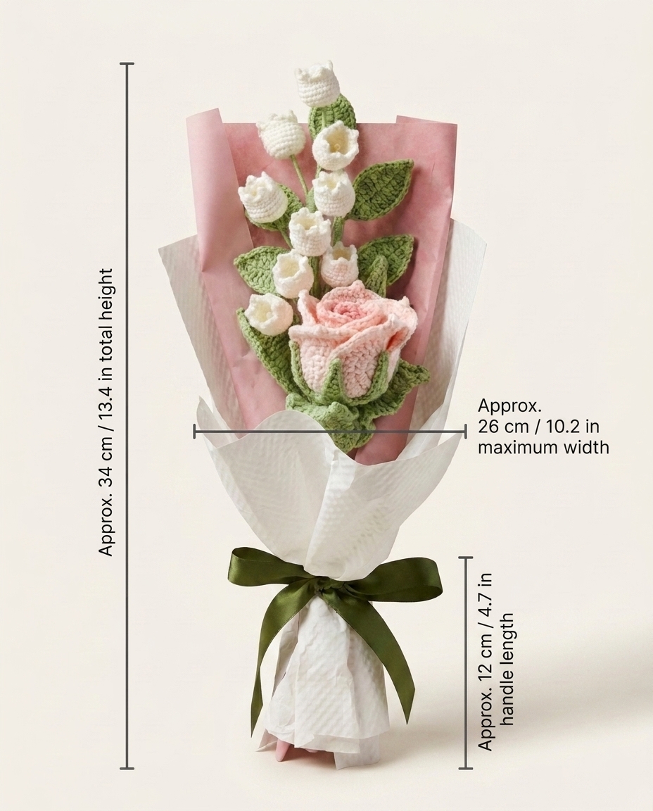 Approximate size guide for handmade pink crochet tulip and lily bouquet in centimeters and inches