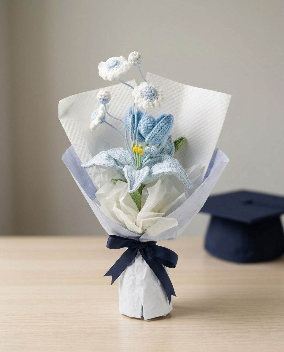 Blue handmade crochet bouquet styled for a graduation gift